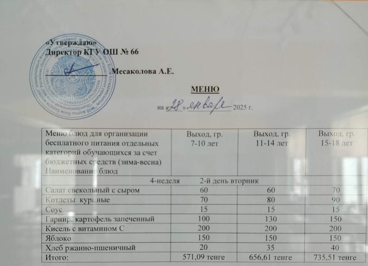 Күнделікті тегін тамақтану мәзірі