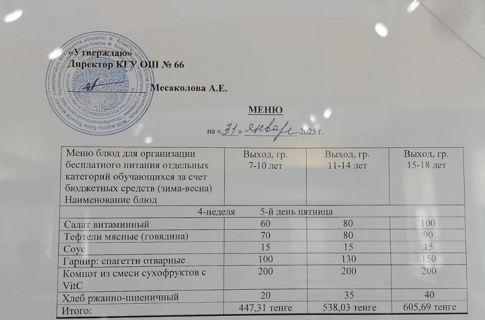 Күнделікті тегін тамақтану мәзірі