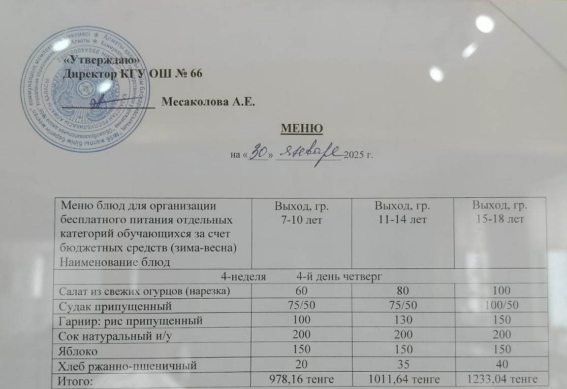 Күнделікті тегін тамақтану мәзірі