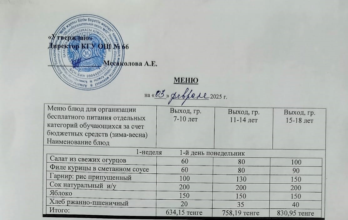 Күнделікті тегін тамақтану мәзірі