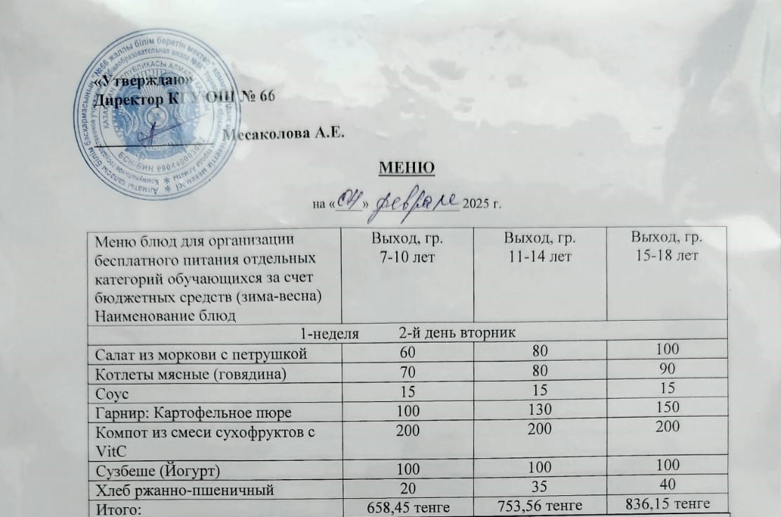 Күнделікті тегін тамақтану мәзірі