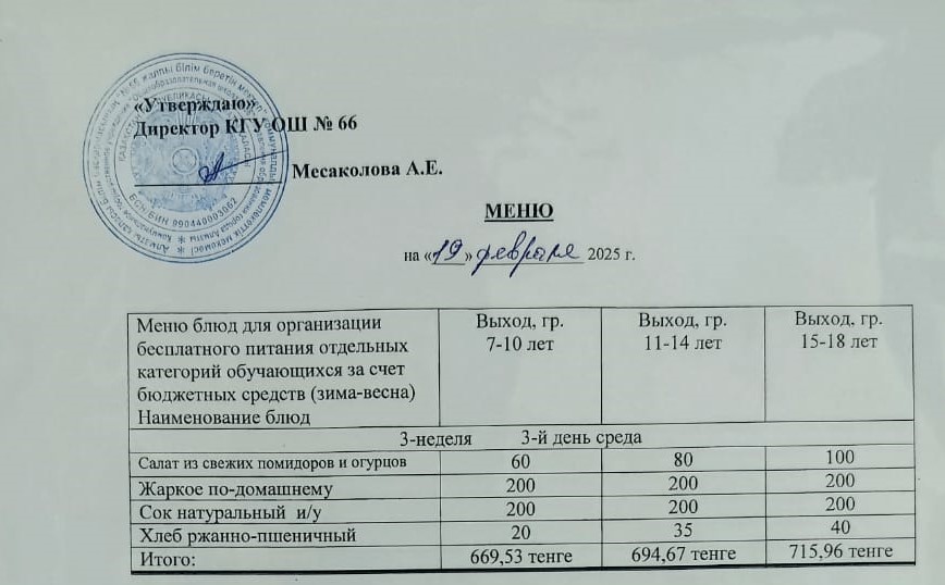 Күнделікті тегін тамақтану мәзірі