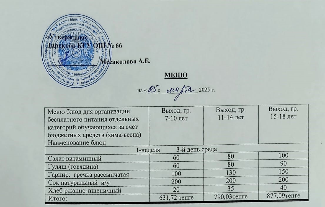 Күнделікті тегін тамақтану мәзірі 05.03.2025