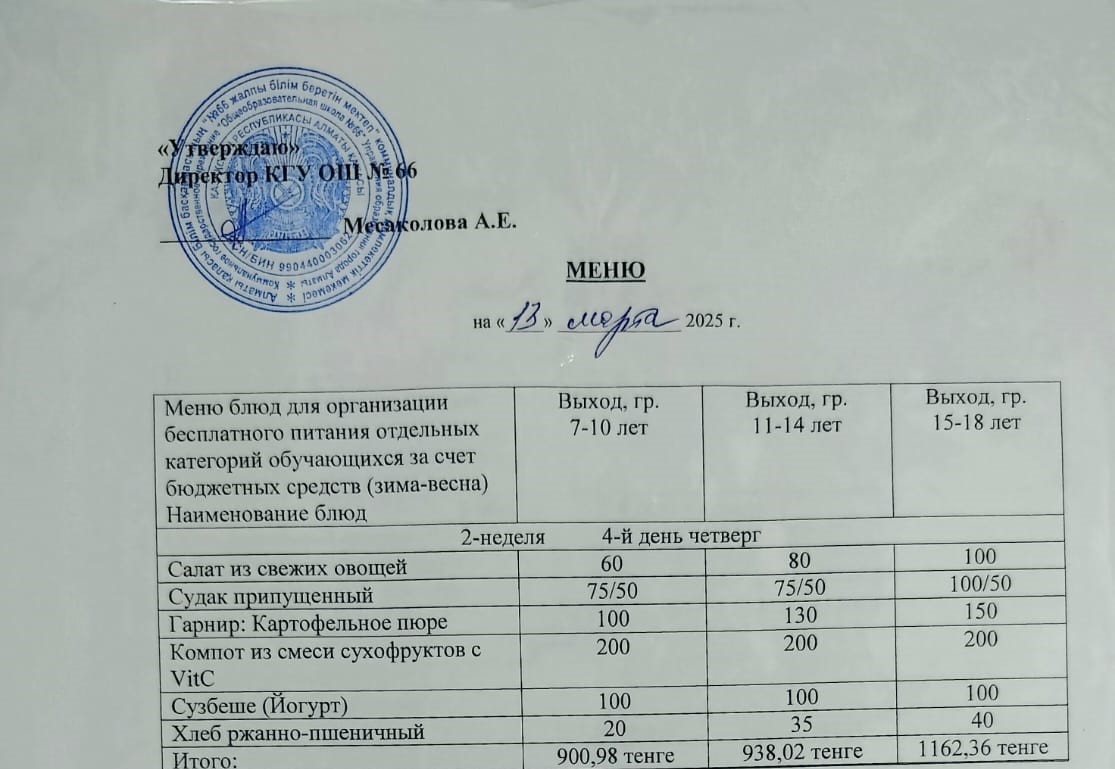 Күнделікті тегін тамақтану мәзірі 13.03.2025