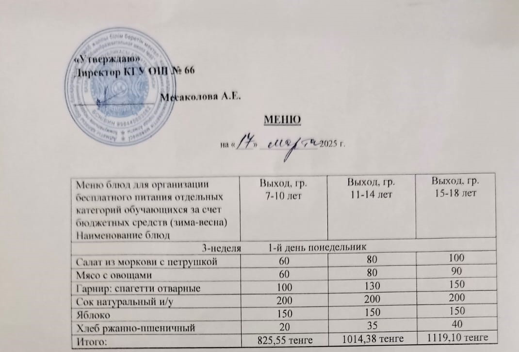 Күнделікті тегін тамақтану мәзірі 17.03.2025