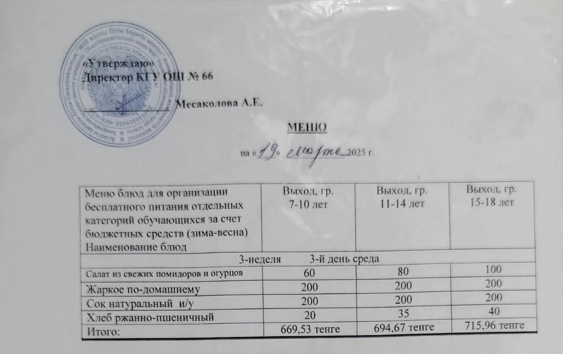 Күнделікті тегін тамақтану мәзірі 19.03.2025