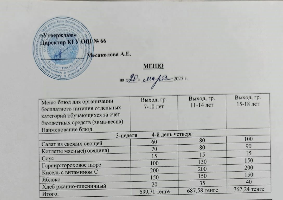 Күнделікті тегін тамақтану мәзірі 20.03.2025