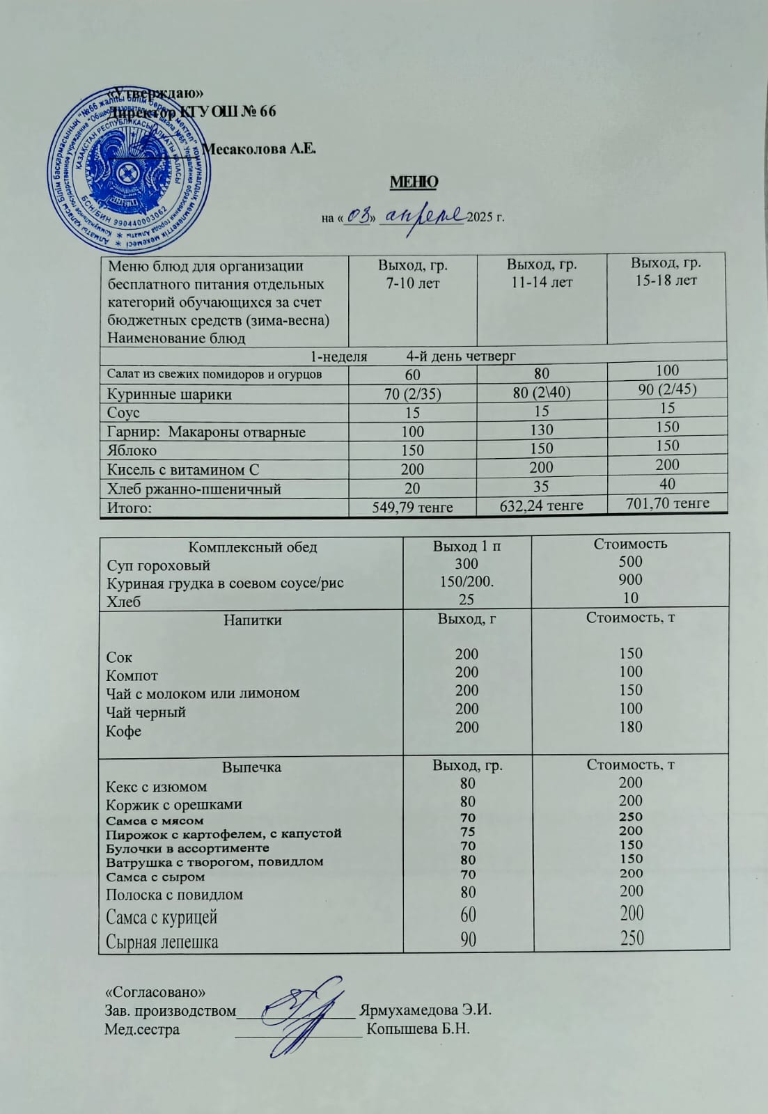 Күнделікті тегін тамақтану мәзірі 03.04.2025