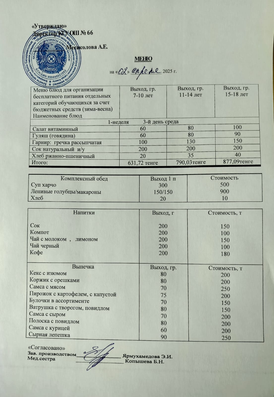 Күнделікті тегін тамақтану мәзірі 02.04.2025
