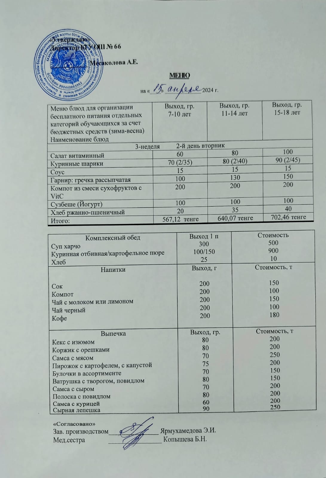 Күнделікті тегін тамақтану мәзірі 15.04.2025