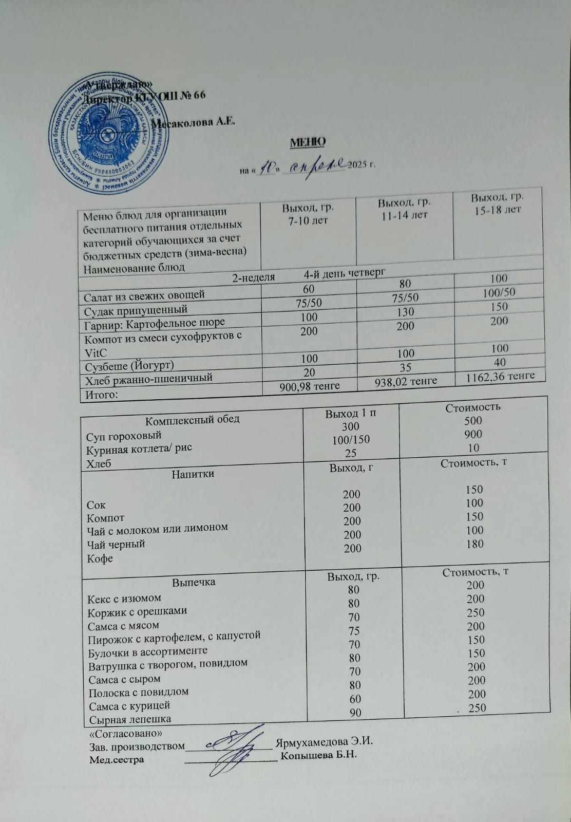 Күнделікті тегін тамақтану мәзірі 10.04.2025