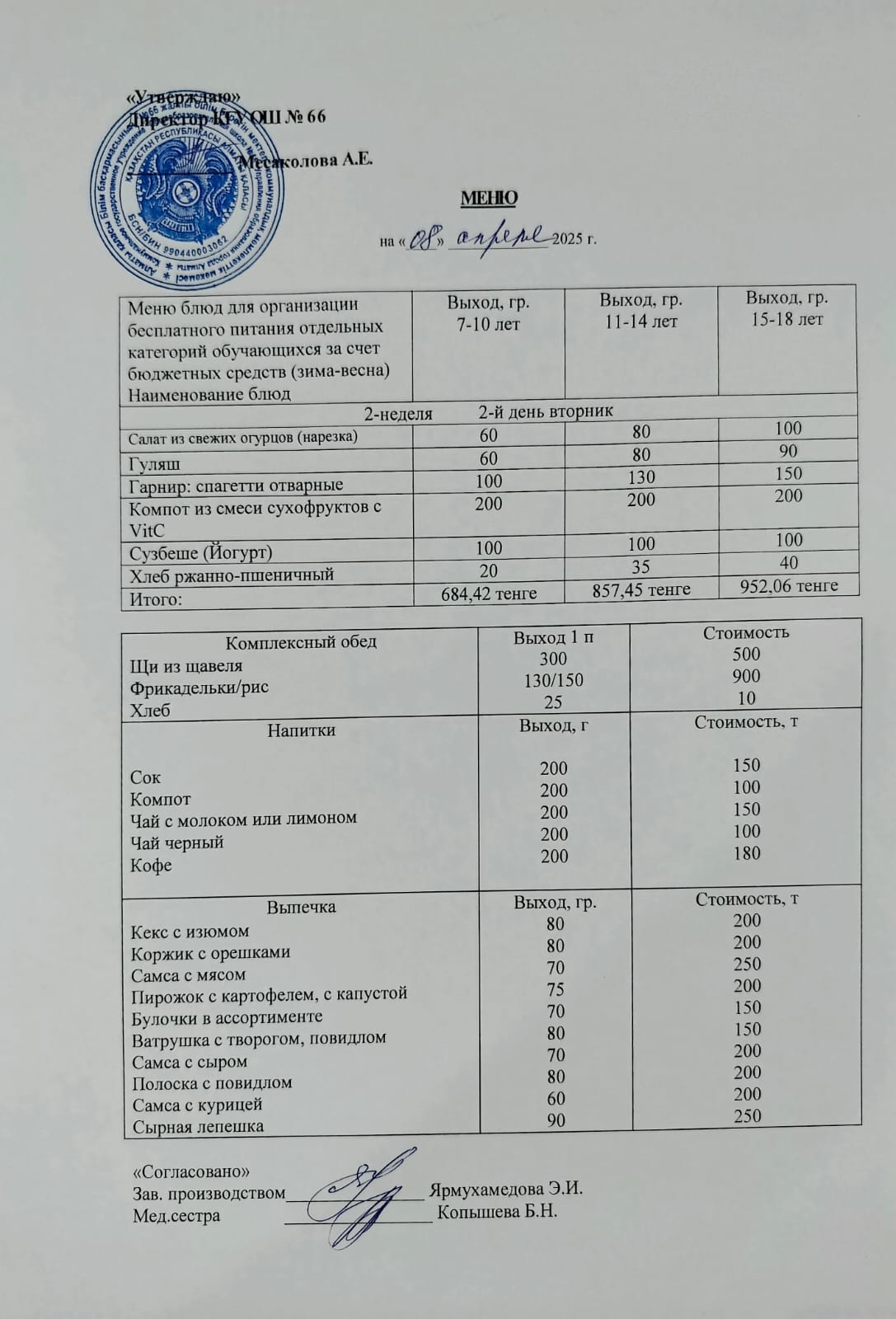 Күнделікті тегін тамақтану мәзірі 08.04.2025