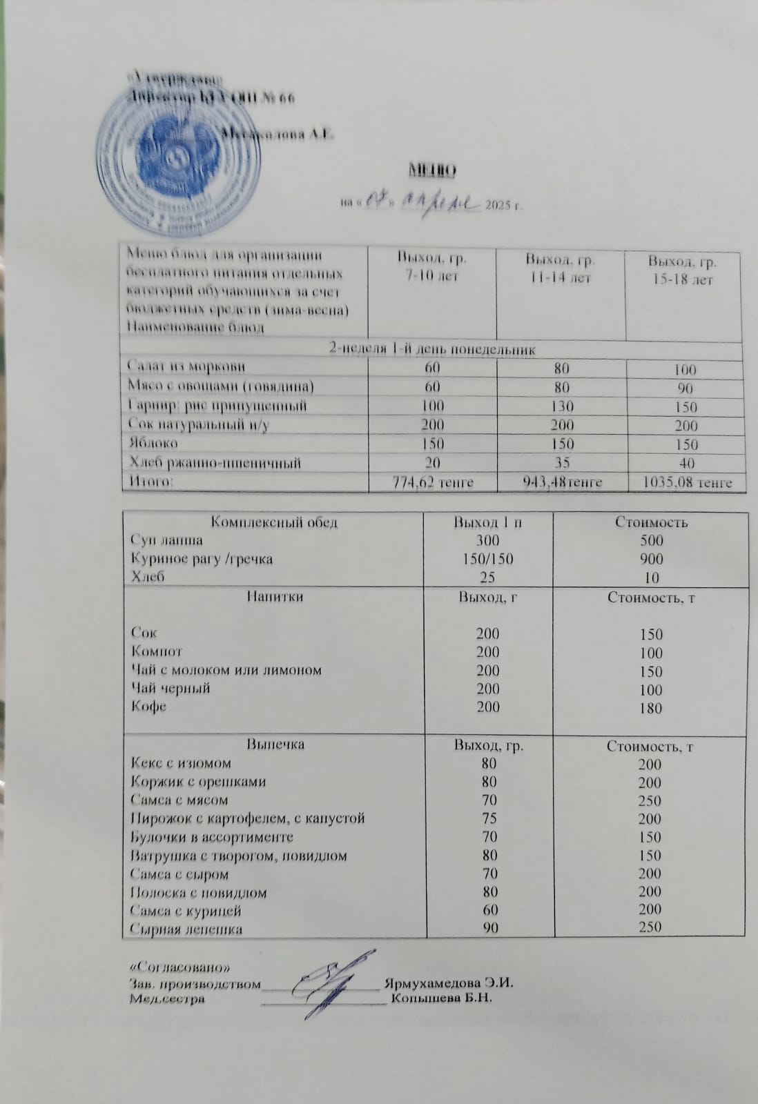 Күнделікті тегін тамақтану мәзірі 07.04.2025