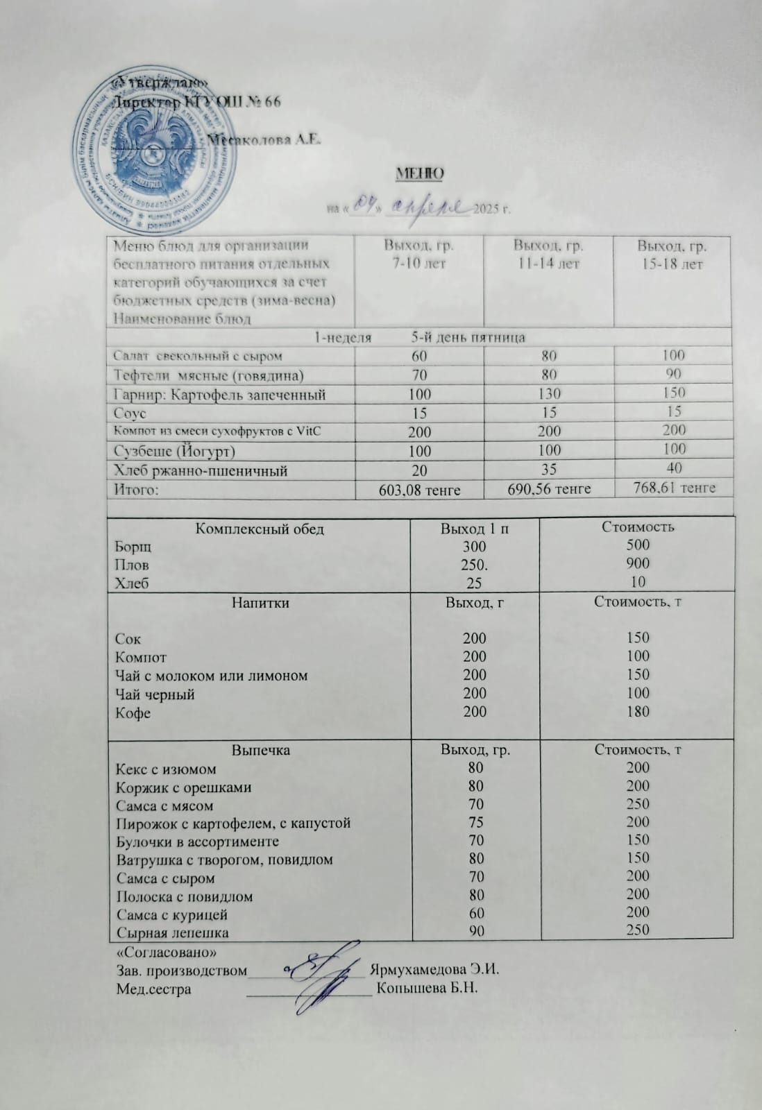 Күнделікті тегін тамақтану мәзірі 04.04.2025