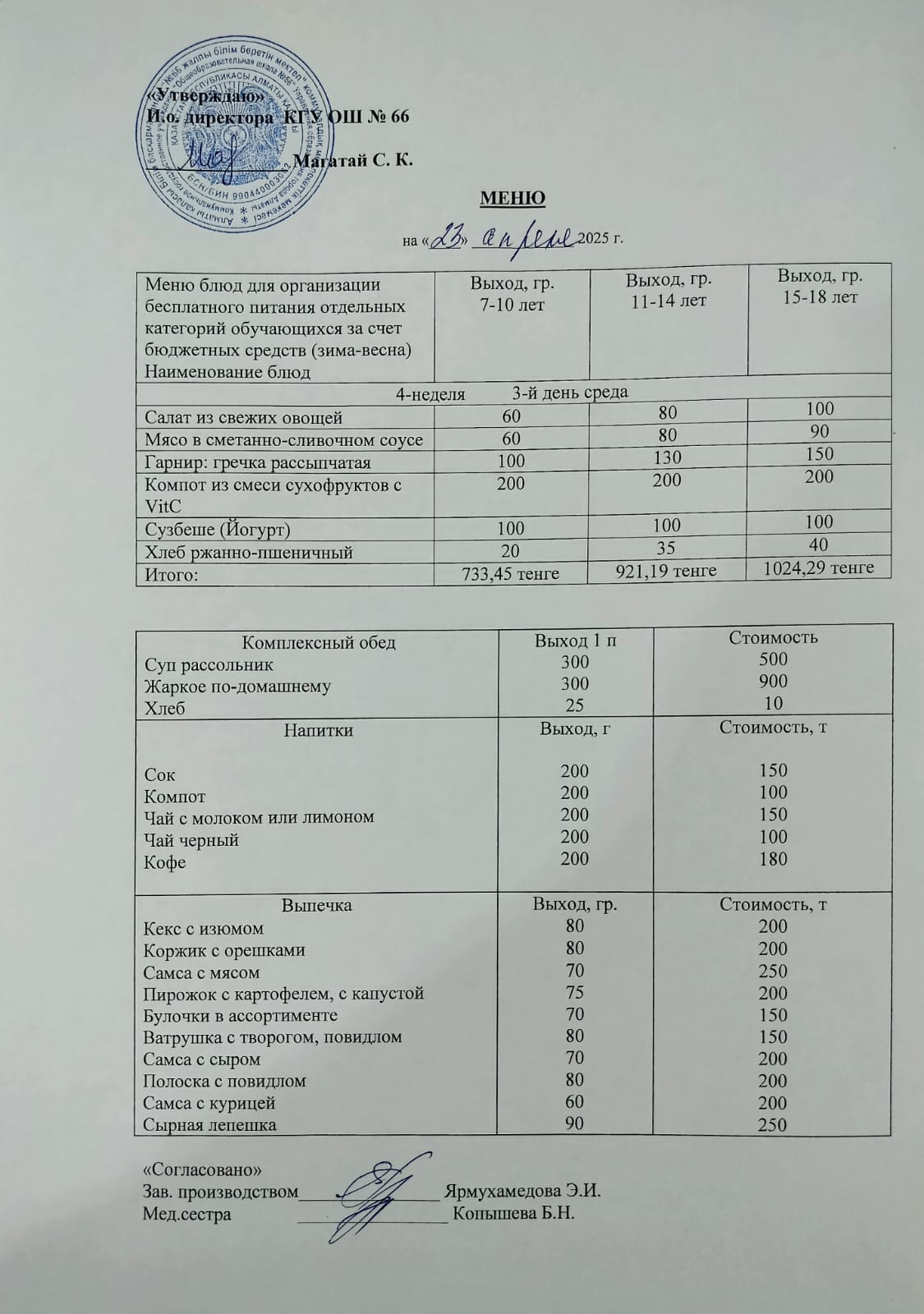 Күнделікті тегін тамақтану мәзірі 23.04.2025