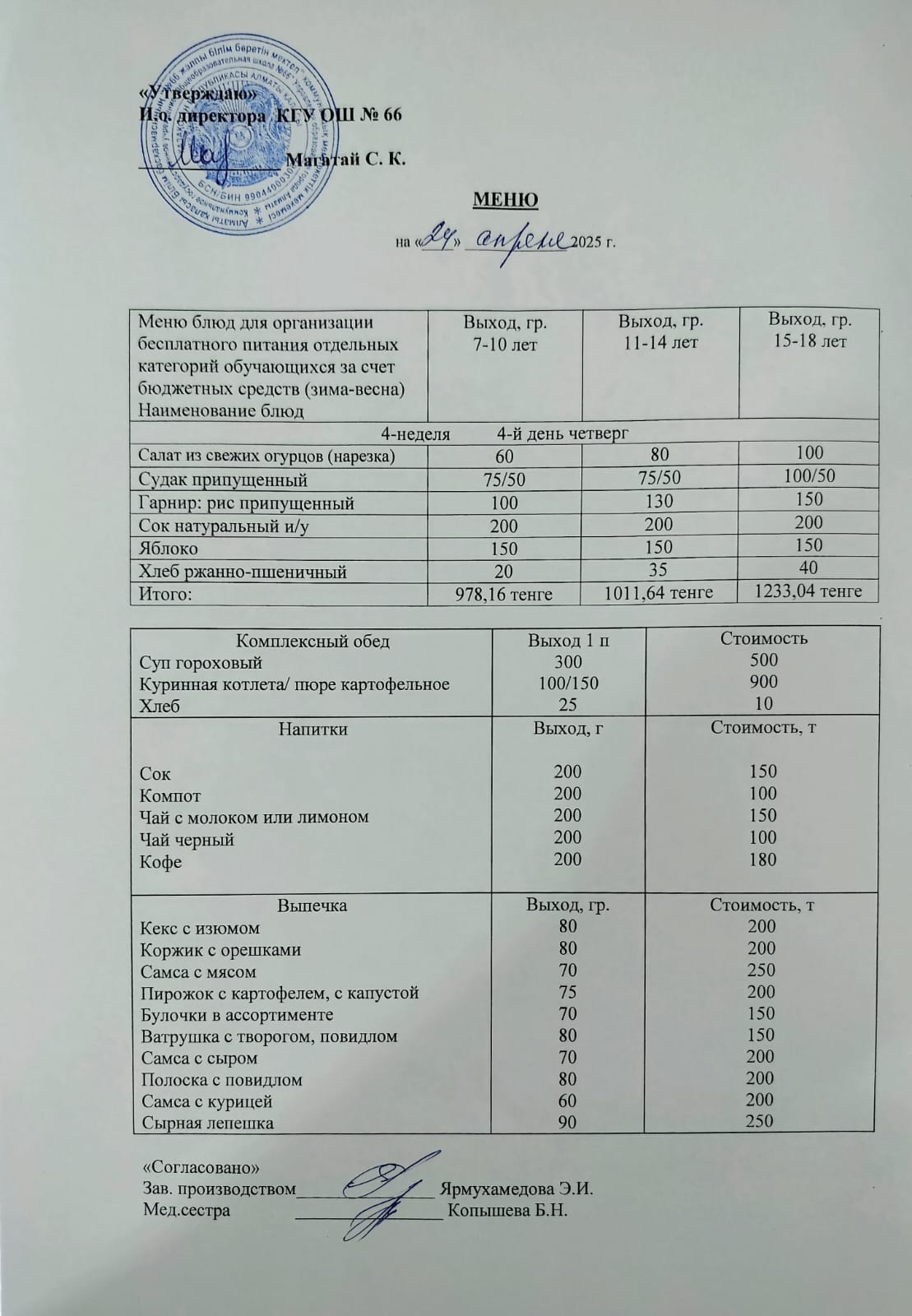 Күнделікті тегін тамақтану мәзірі 24.04.2025
