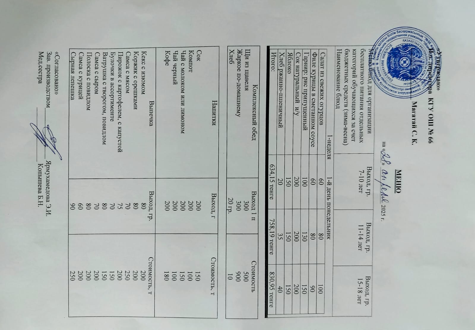 Күнделікті тегін тамақтану мәзірі 28.04.2025