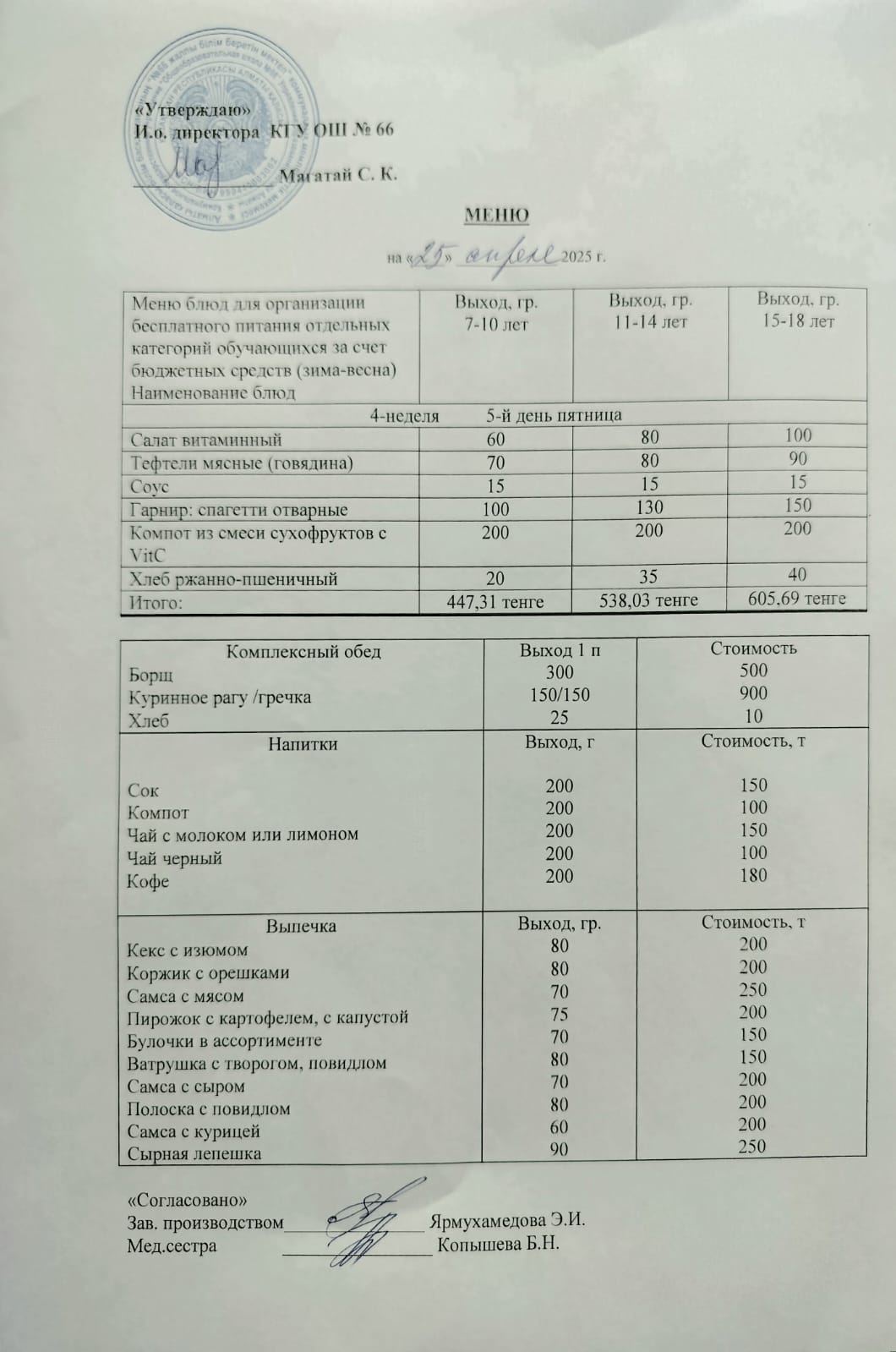 Күнделікті тегін тамақтану мәзірі 25.04.2025
