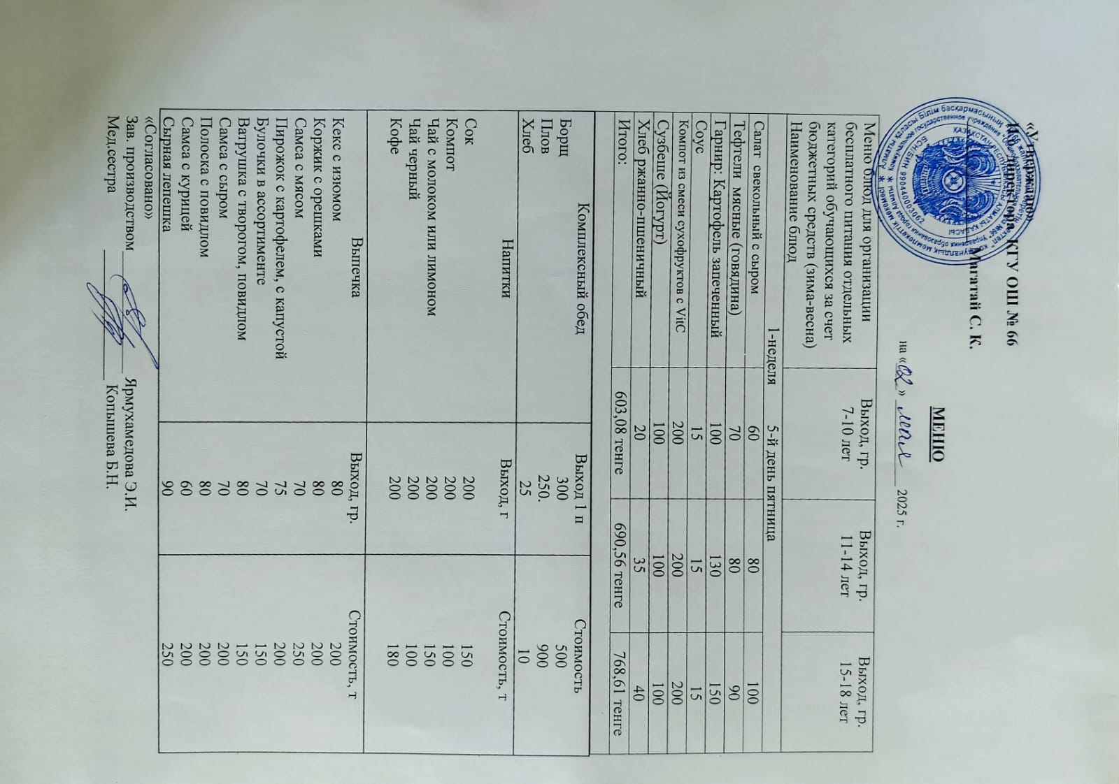 Күнделікті тегін тамақтану мәзірі 02.05.2025