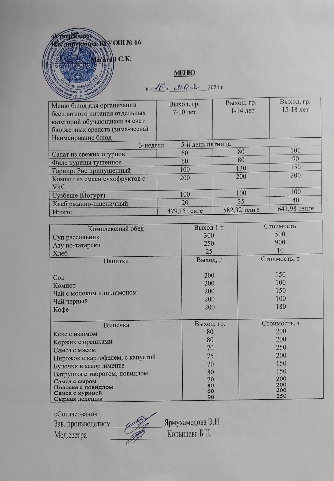 Күнделікті тегін тамақтану мәзірі 16.05.2025