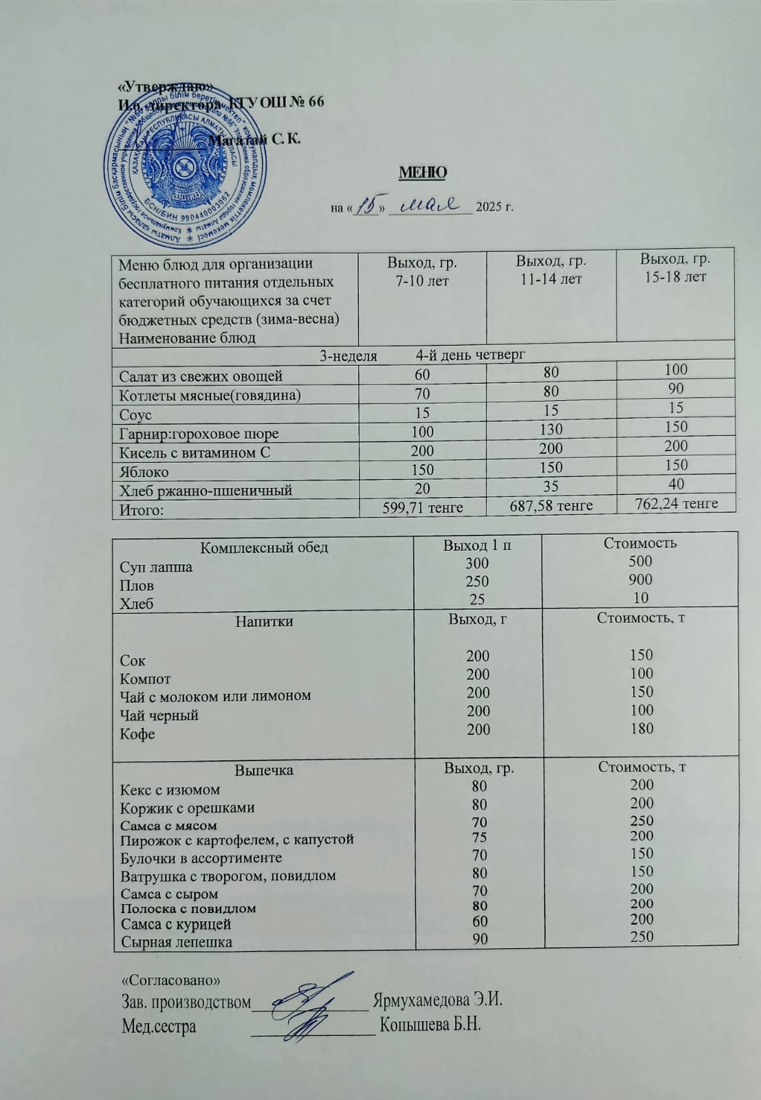Күнделікті тегін тамақтану мәзірі 15.05.2025