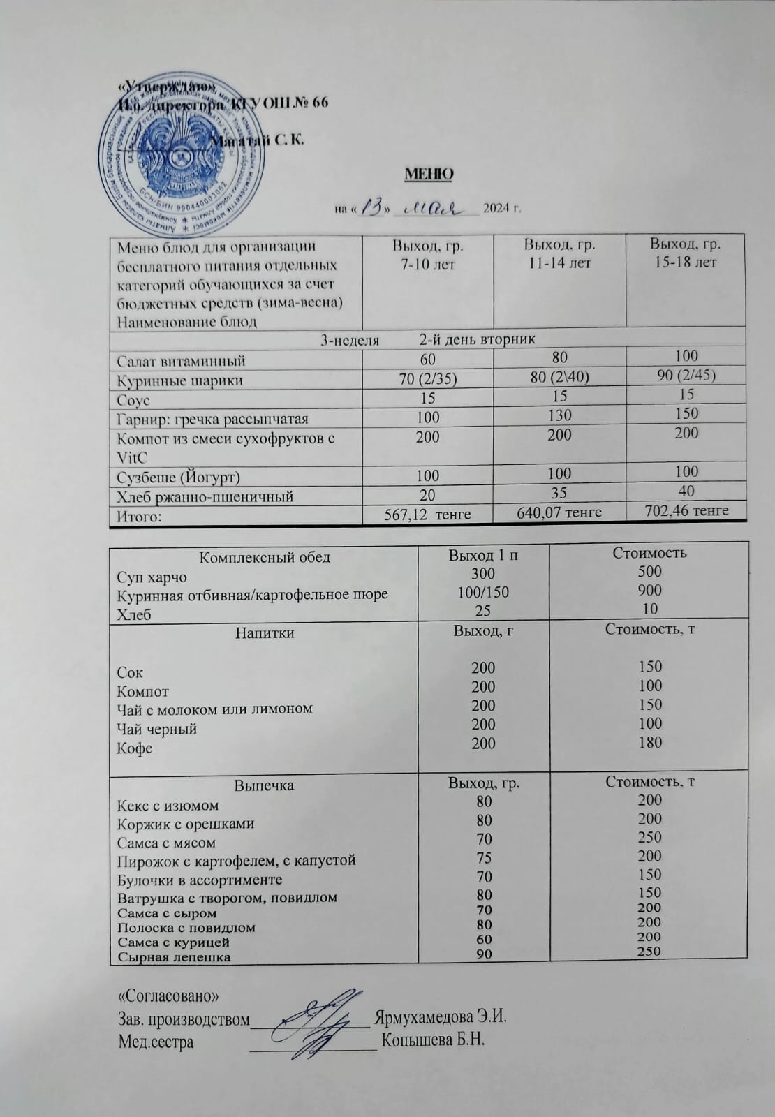 Күнделікті тегін тамақтану мәзірі 13.05.2025