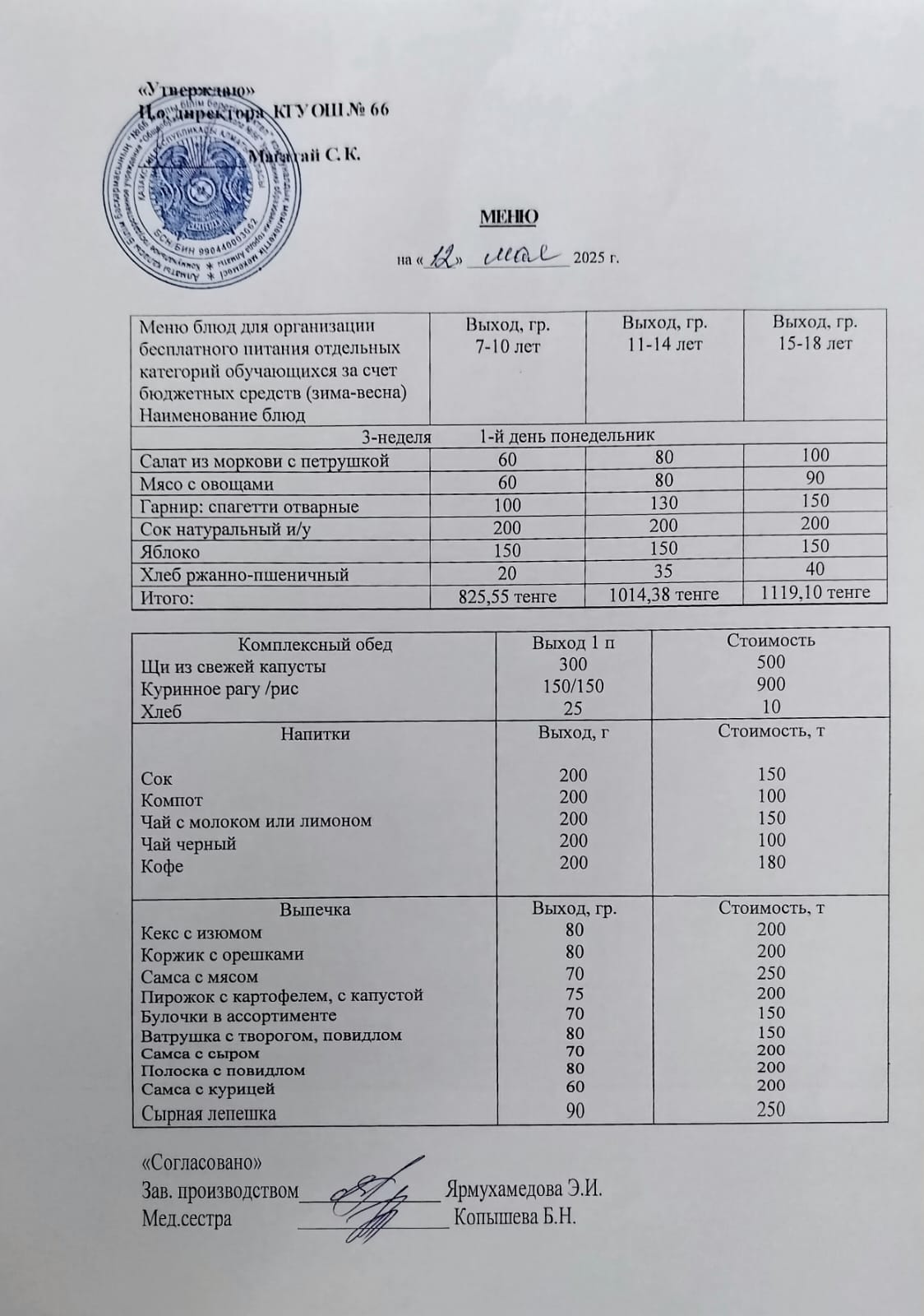 Күнделікті тегін тамақтану мәзірі 12.05.2025