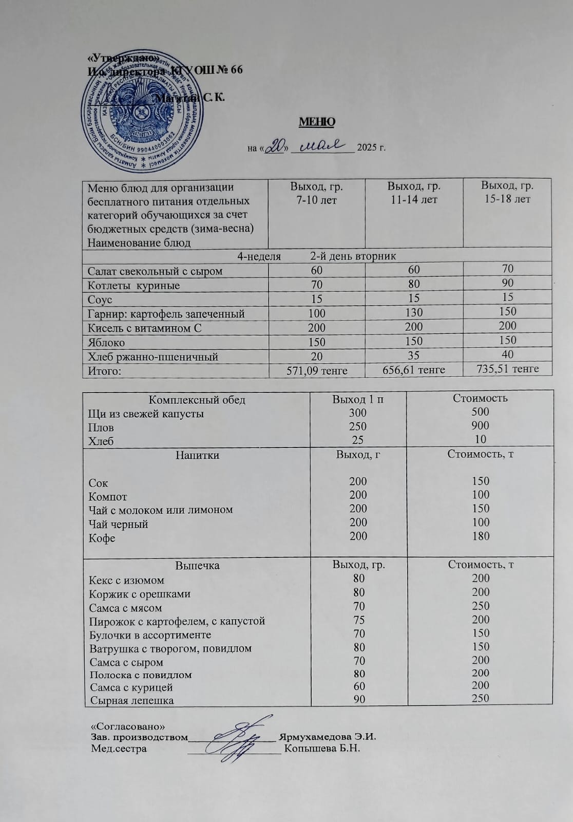 Күнделікті тегін тамақтану мәзірі 20.05.2025
