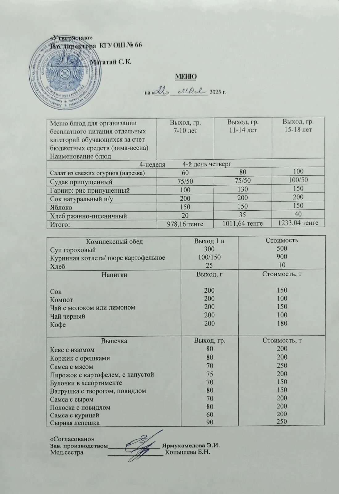Күнделікті тегін тамақтану мәзірі 22.05.2025