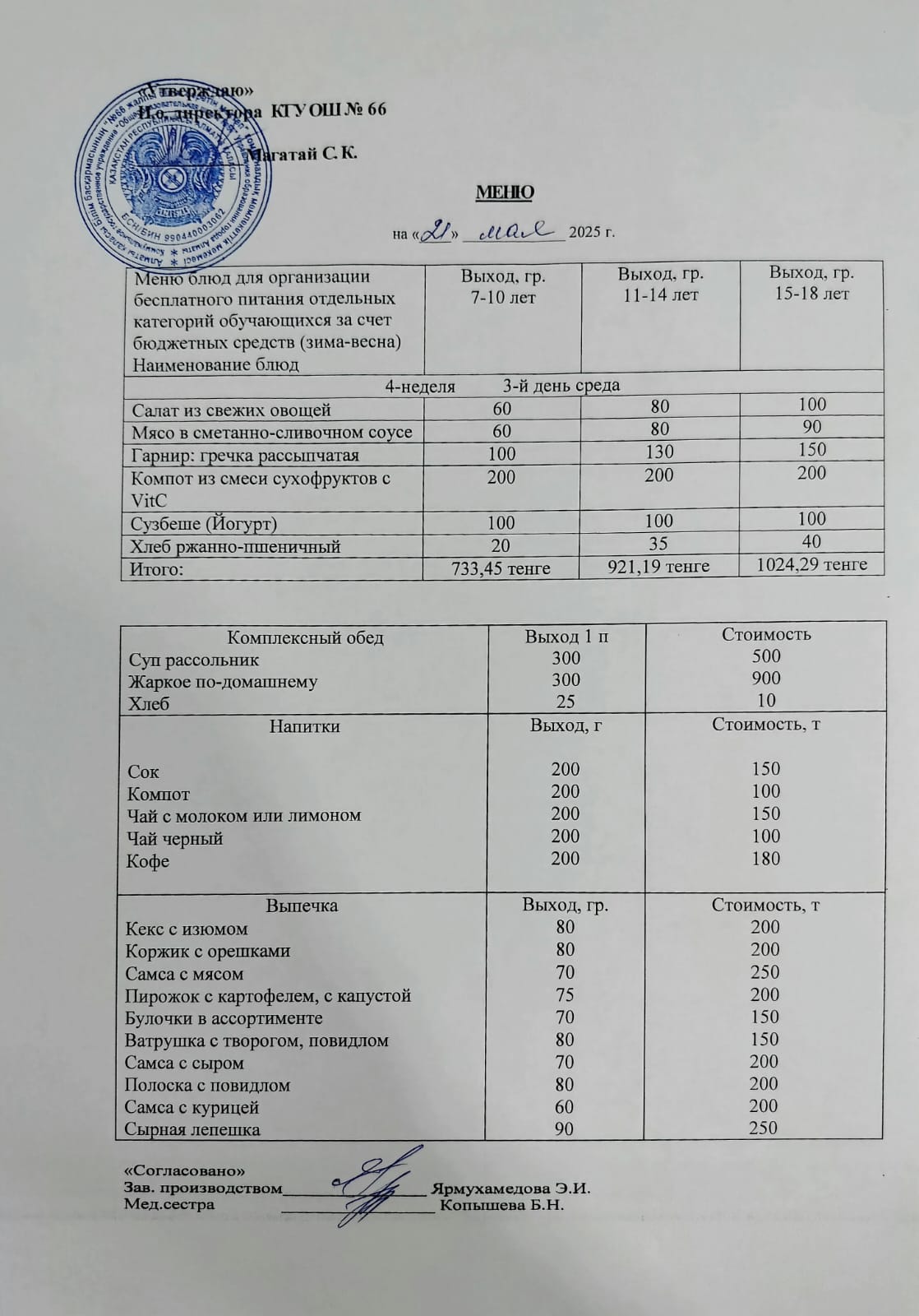 Күнделікті тегін тамақтану мәзірі 21.05.2025