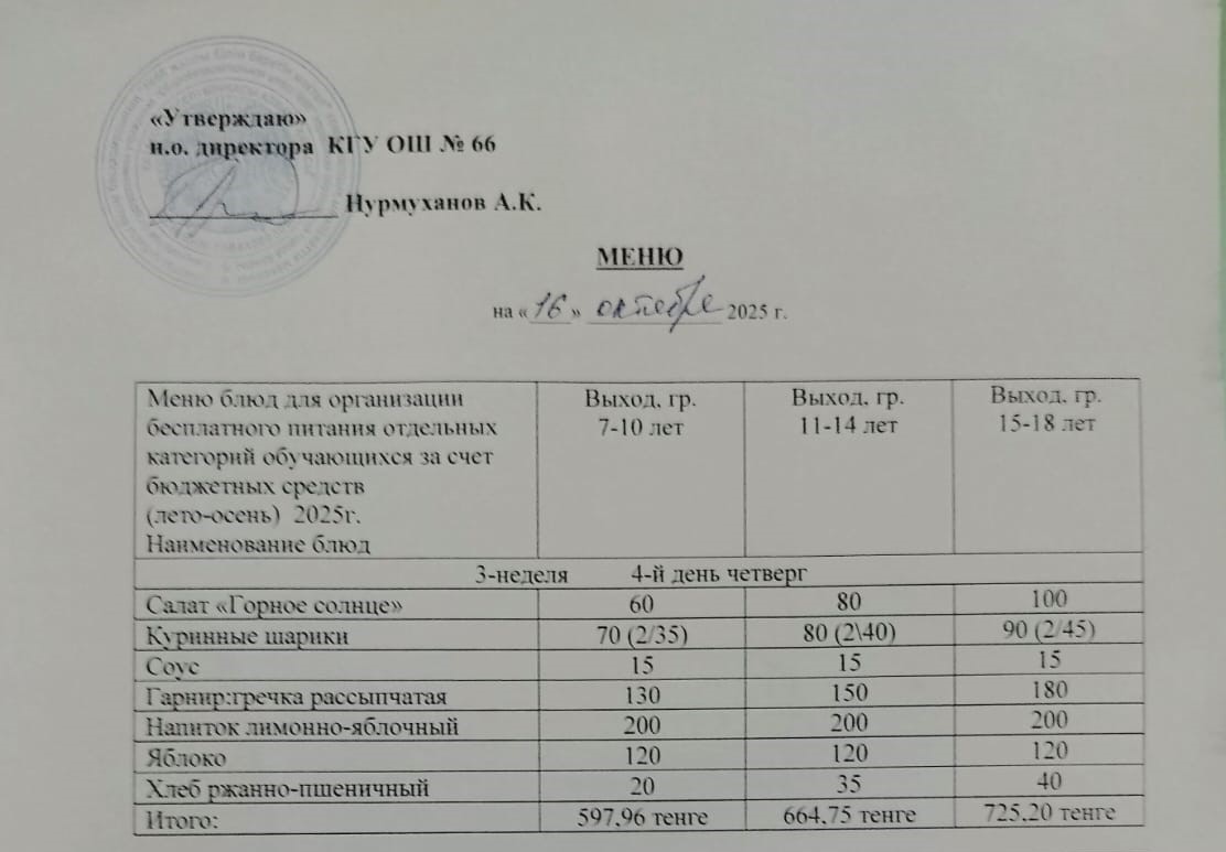 Күнделікті тегін тамақтану мәзірі 16.10.2025