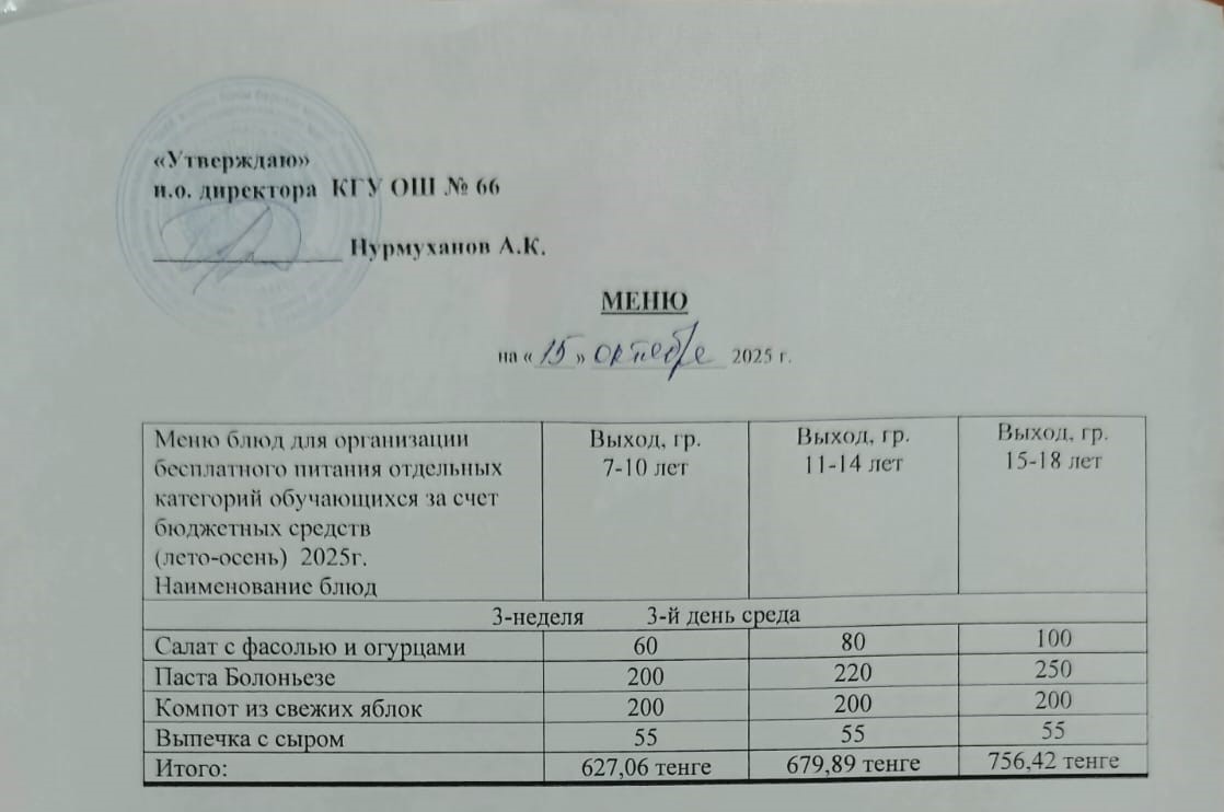 Күнделікті тегін тамақтану мәзірі 15.10.2025