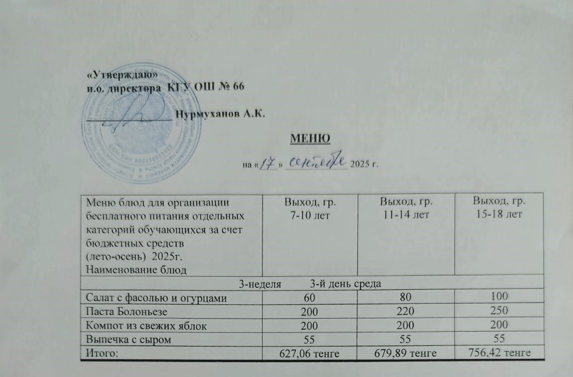 Күнделікті тегін тамақтану мәзірі