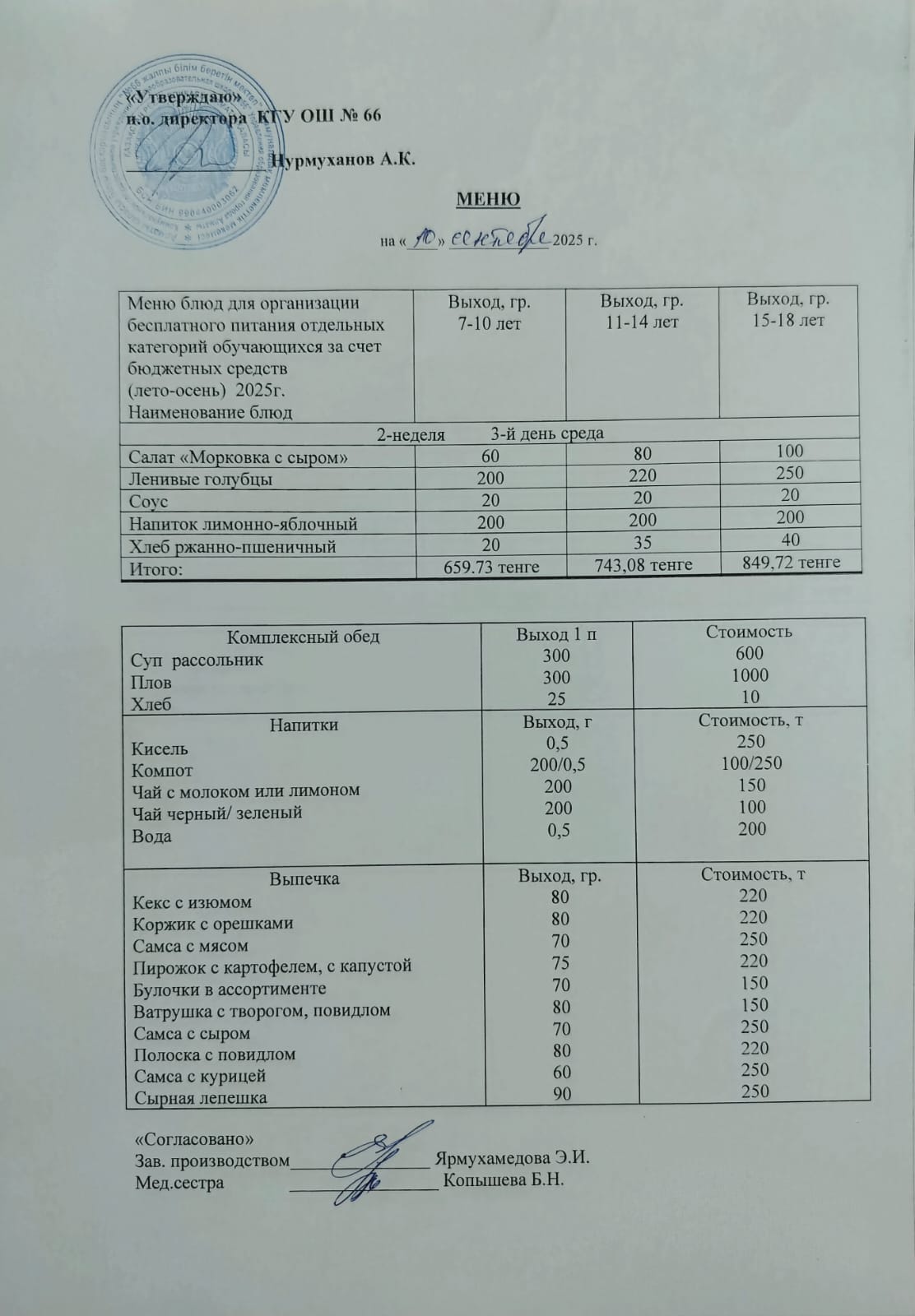Күнделікті тегін тамақтану мәзірі