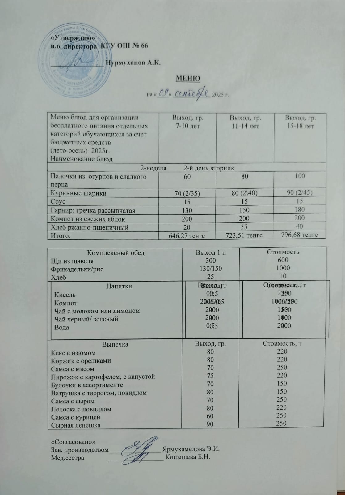 Күнделікті тегін тамақтану мәзірі