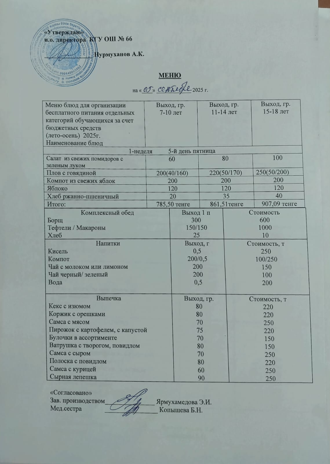 Күнделікті тегін тамақтану мәзірі