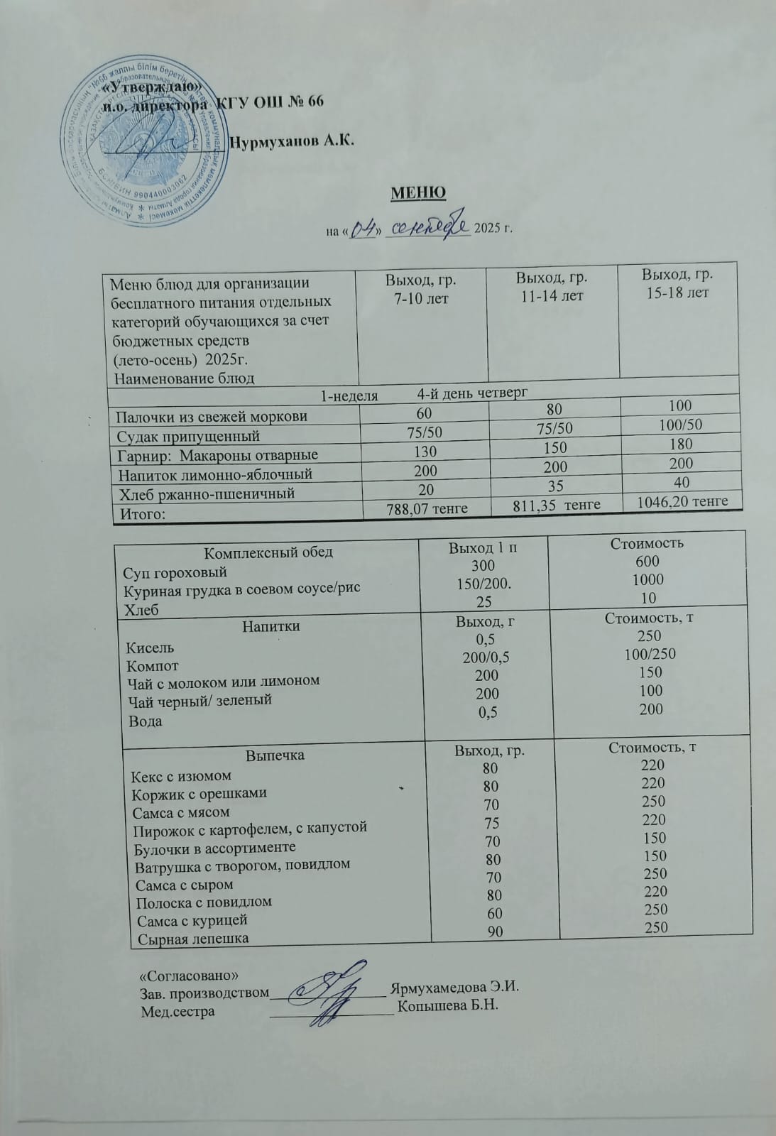 Күнделікті тегін тамақтану мәзірі