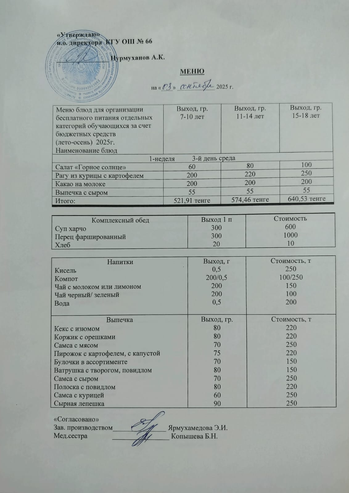 Күнделікті тегін тамақтану мәзірі