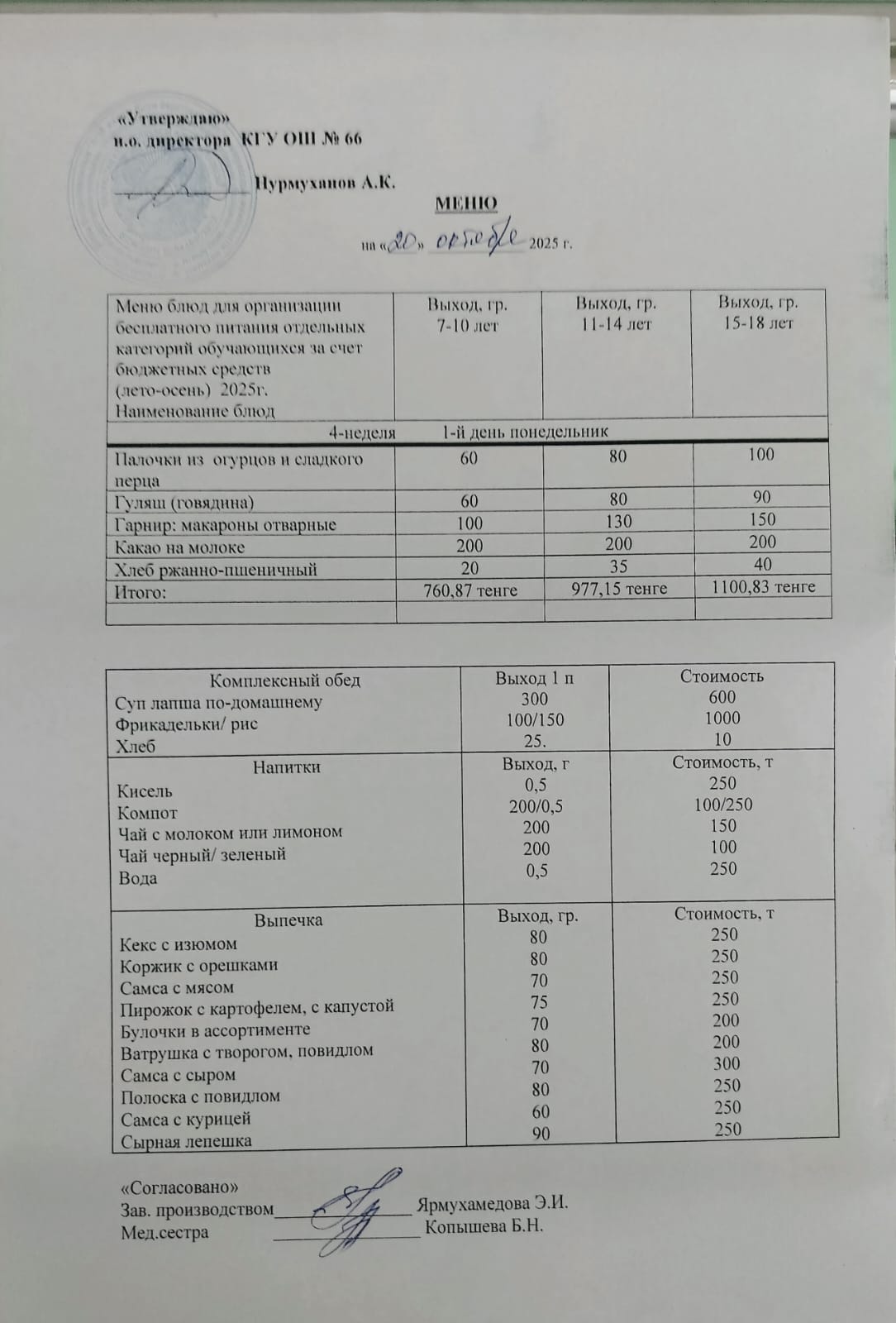 Күнделікті тегін тамақтану мәзірі