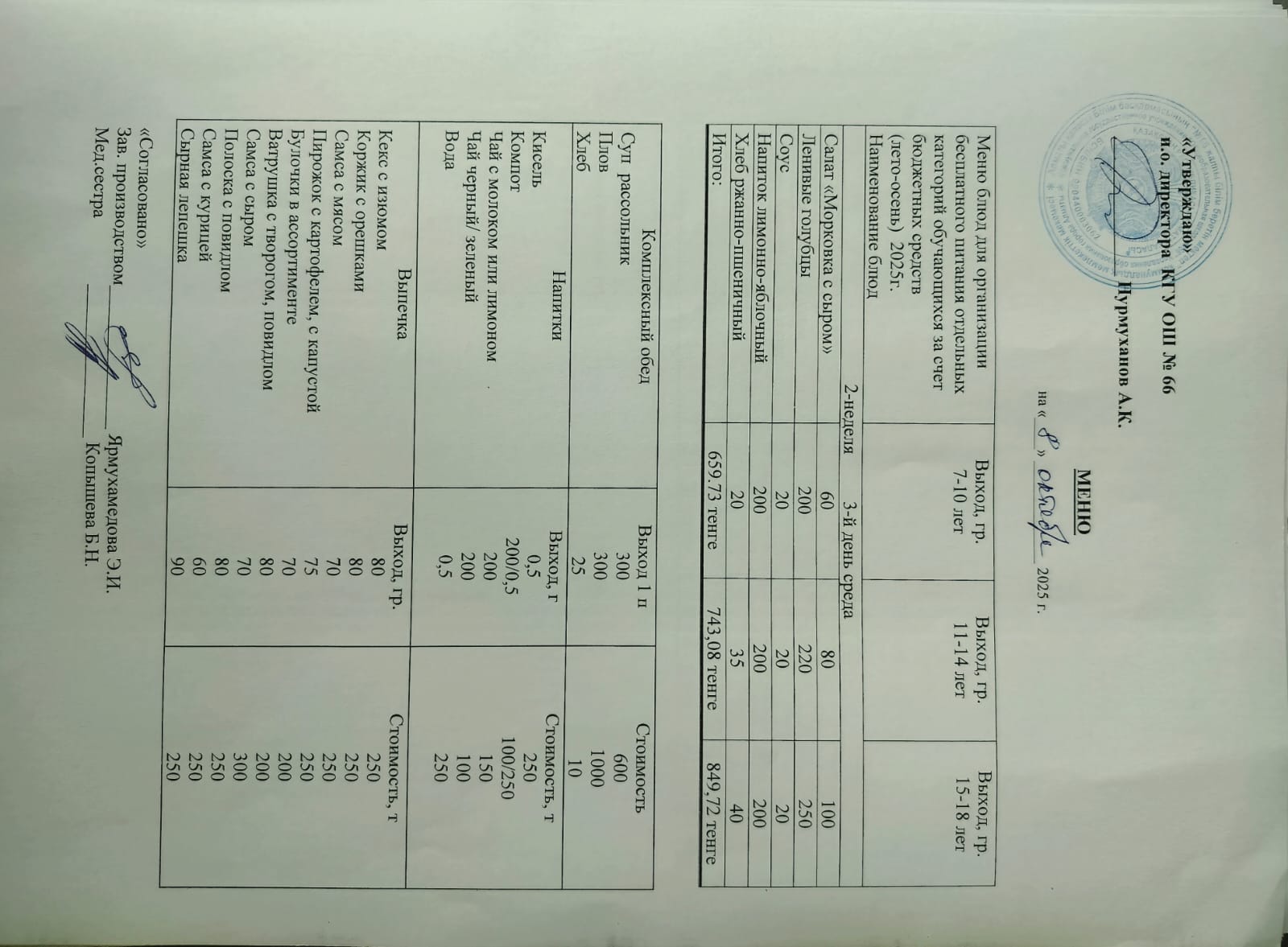 Күнделікті тегін тамақтану мәзірі