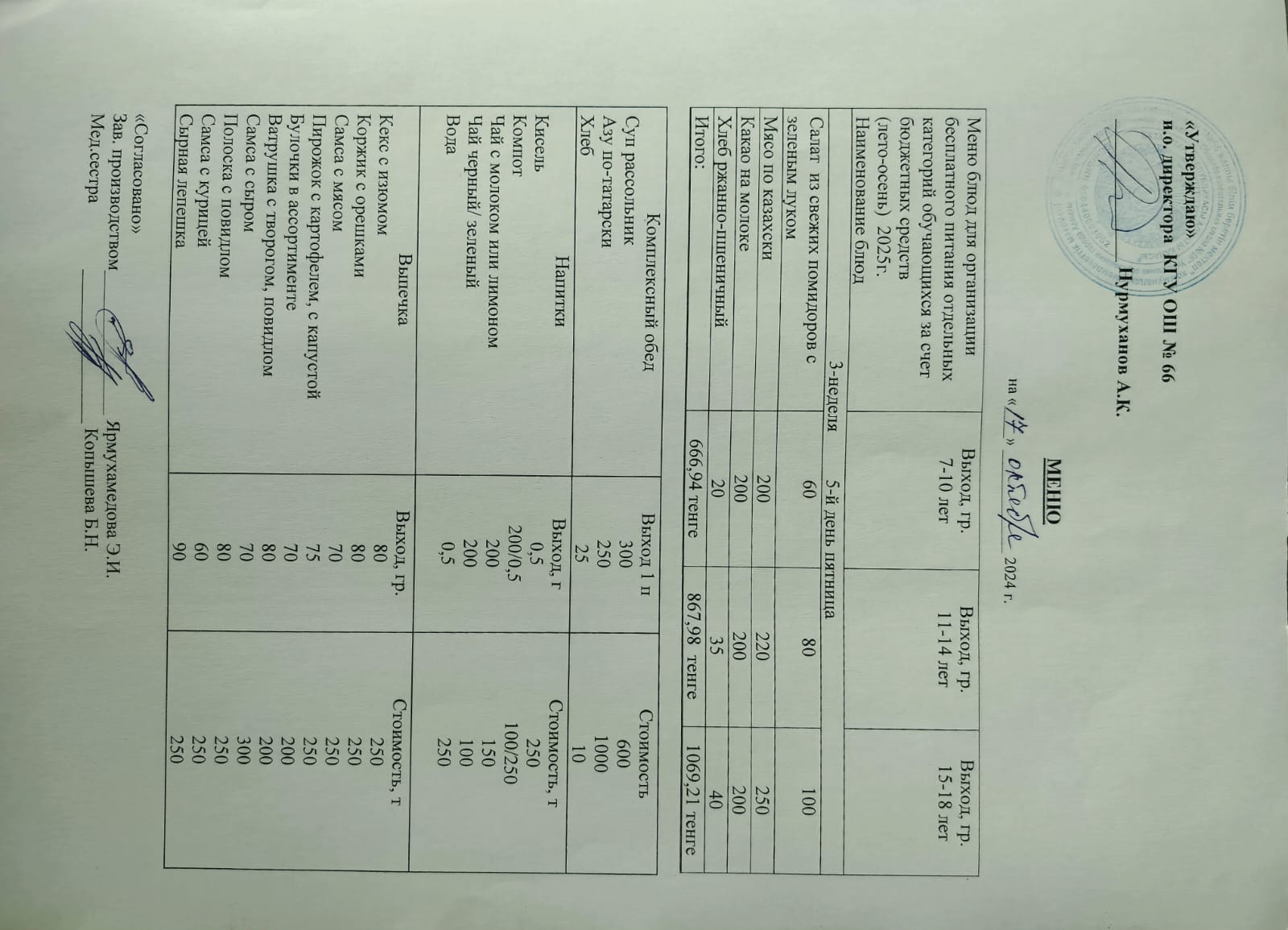 Күнделікті тегін тамақтану мәзірі