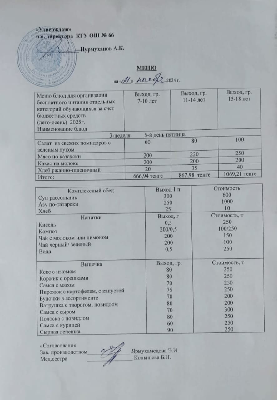 Күнделікті тегін тамақтану мәзірі