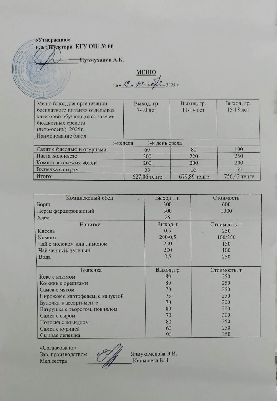 Күнделікті тегін тамақтану мәзірі