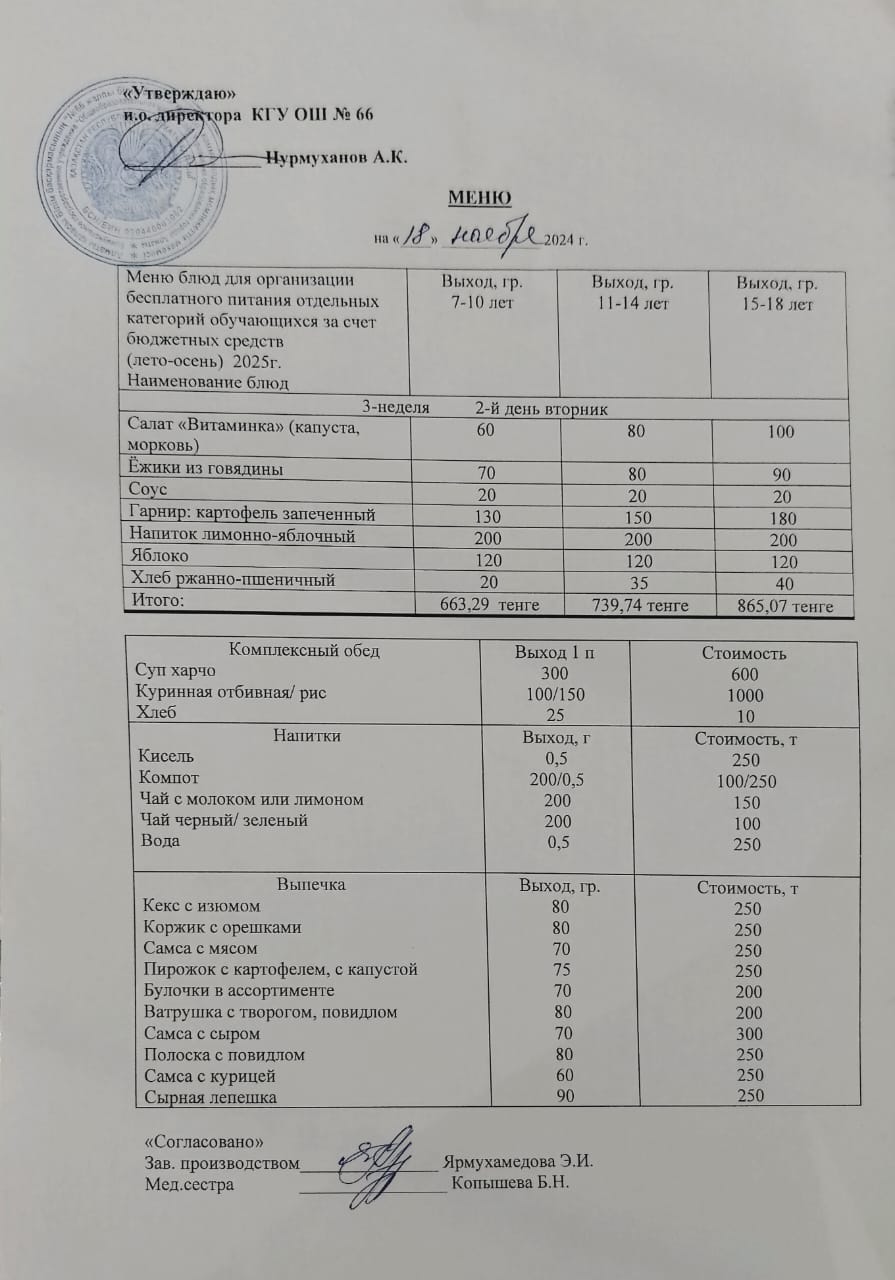 Күнделікті тегін тамақтану мәзірі