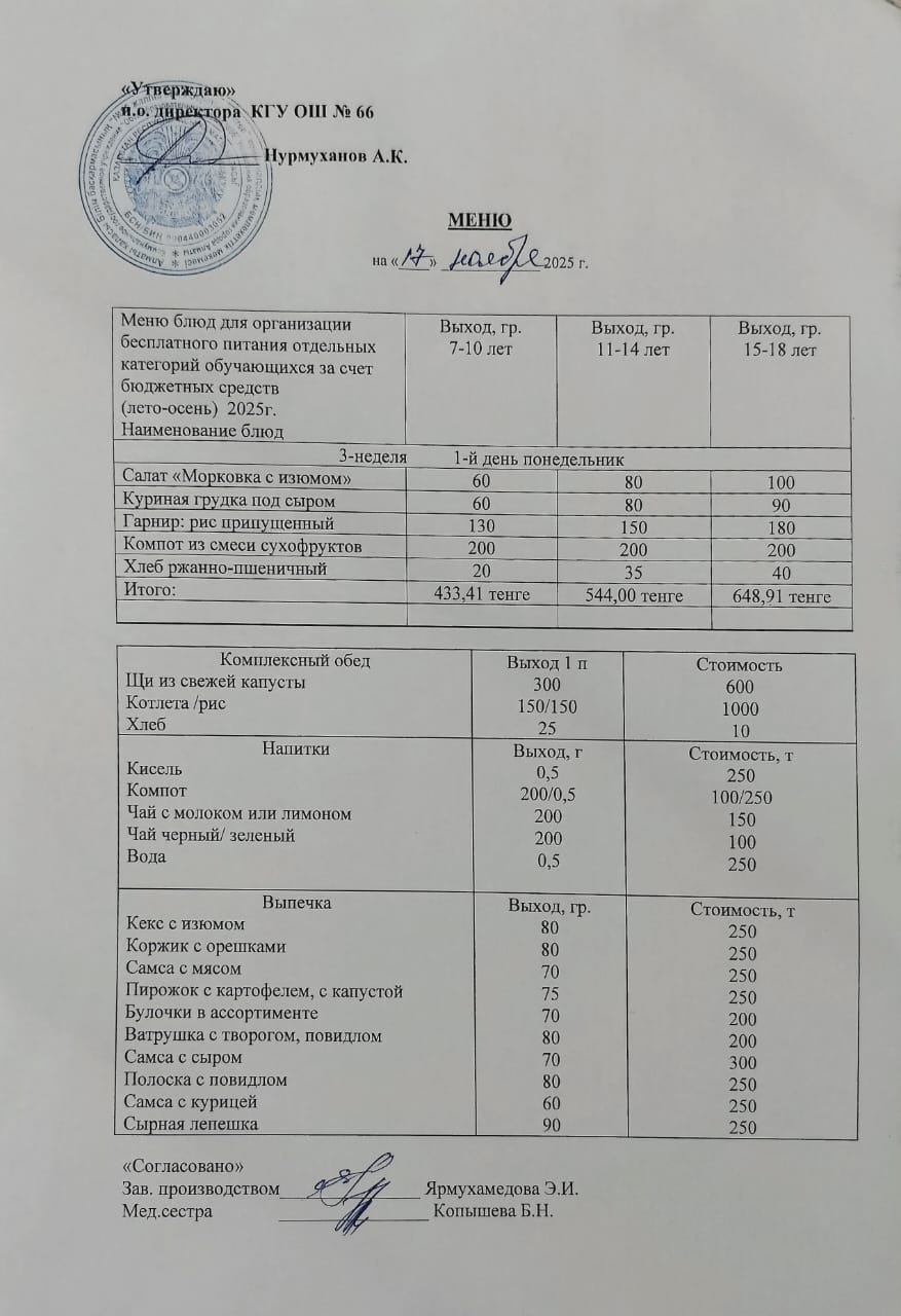 Күнделікті тегін тамақтану мәзірі