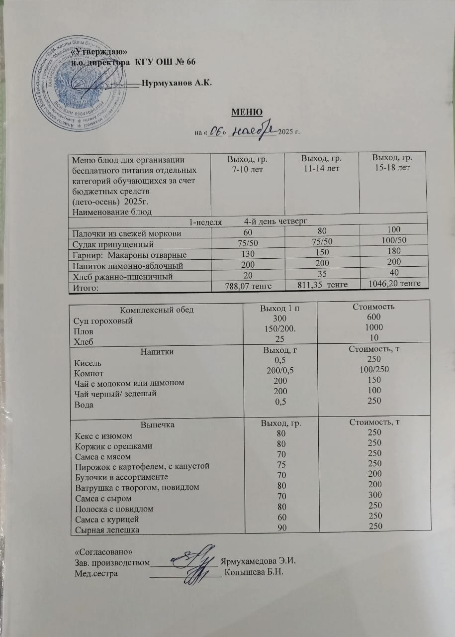 Күнделікті тегін тамақтану мәзірі