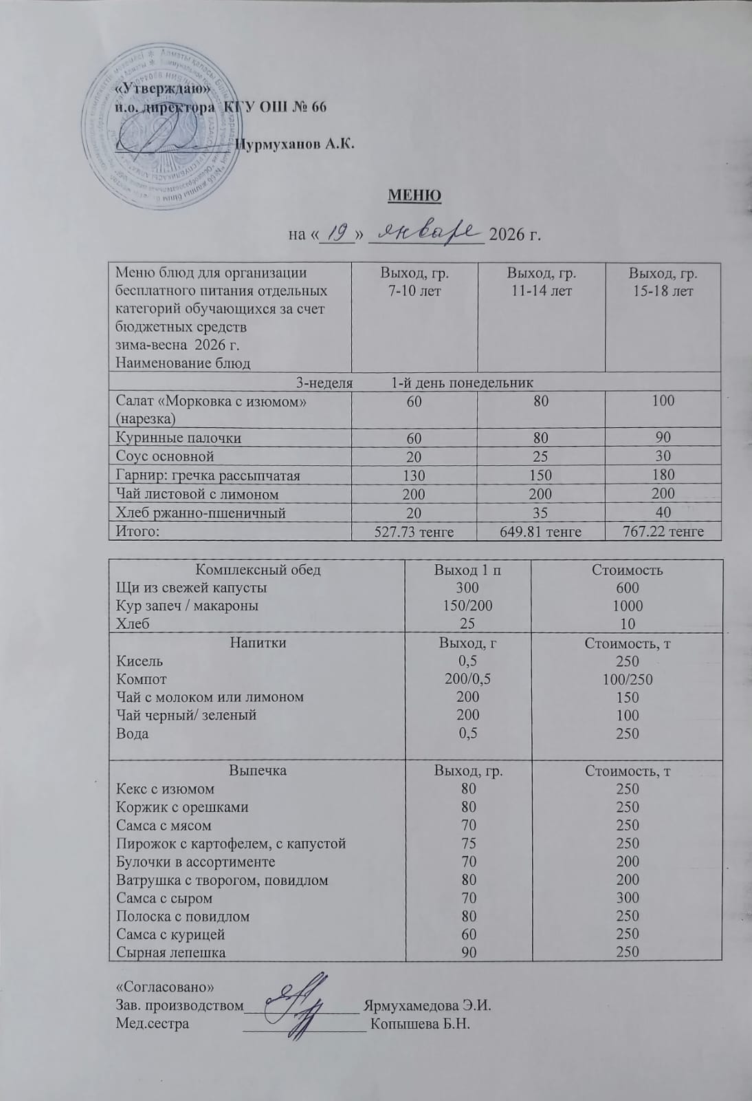 Күнделікті тегін тамақтану мәзірі
