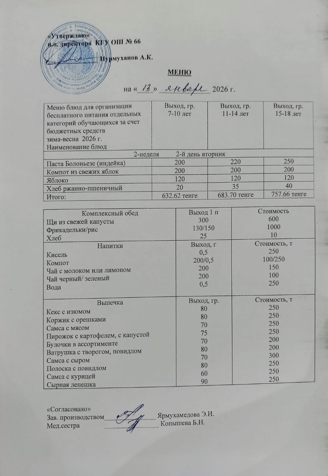 Күнделікті тегін тамақтану мәзірі