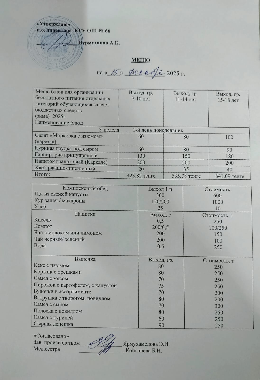 Күнделікті тегін тамақтану мәзірі