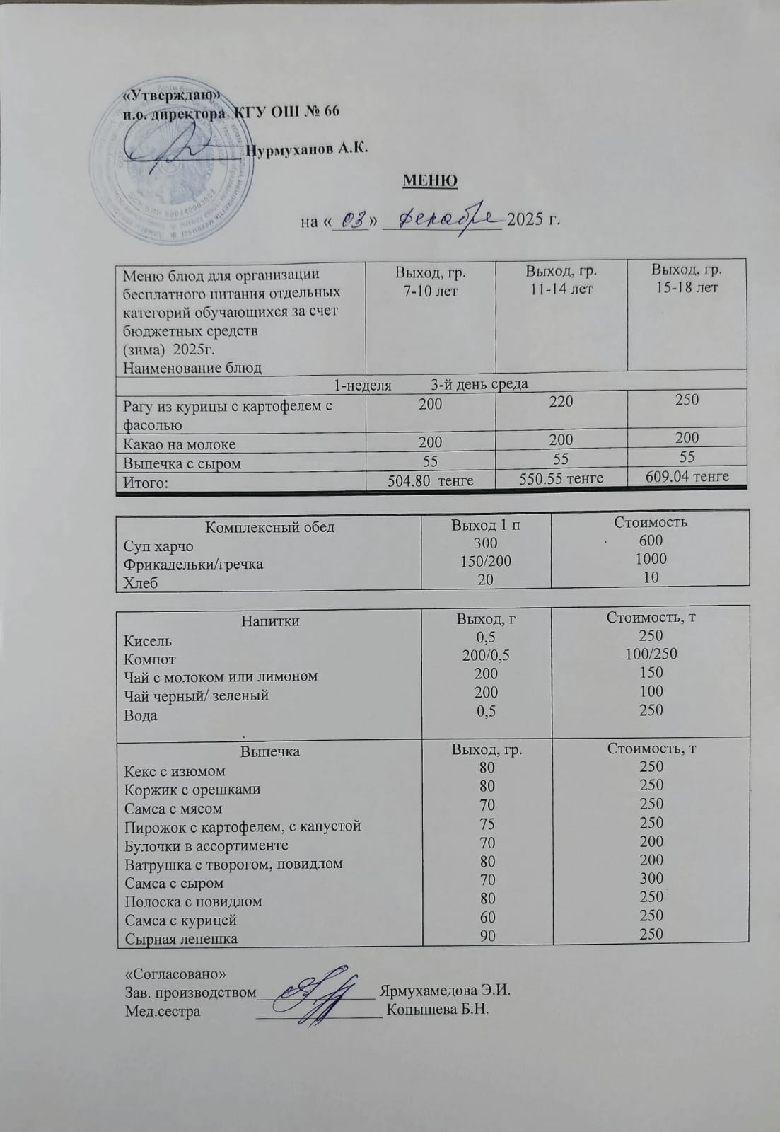 Күнделікті тегін тамақтану мәзірі